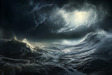 dark dramatic stormy sky with lightning and cumulus clouds over stormy sea with waves for abstract background