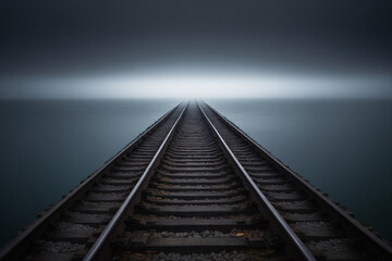 Train tracks going straight towards the horizon over a dark sea, foggy and dark atmosphere - obrazy, fototapety, plakaty