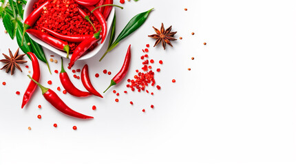 Composition with red chilipepper and cooking ingredients on white background