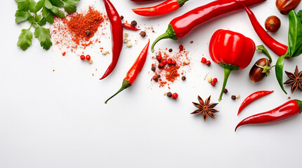 Composition with red chilipepper and cooking ingredients on white background