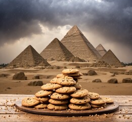 Pyramid of Giza and cookies on a wooden table, Egypt - obrazy, fototapety, plakaty