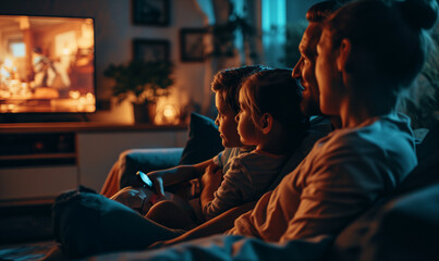 Full family watching TV seated relaxing on sofa at home. Leisure, pastime concept