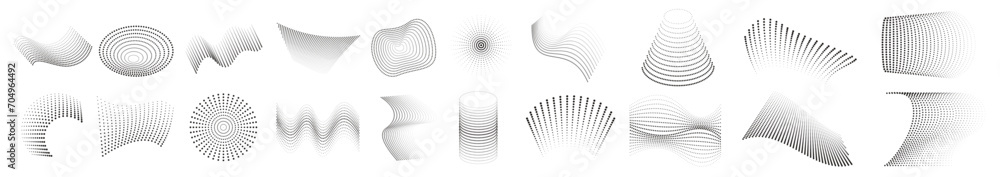 Aufkleber set of dotted abstract forms. distressed overlay texture.
