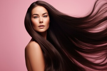 Fashion woman with shiny and straight brown long hair on pink background. Keratin straightening. Treatment, care and spa procedures. Beauty products, hair shampoo or conditioner - obrazy, fototapety, plakaty