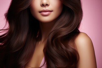 Fototapeta premium Fashion woman with shiny and straight brown long hair on pink background. Keratin straightening. Treatment, care and spa procedures. Beauty products, hair shampoo or conditioner