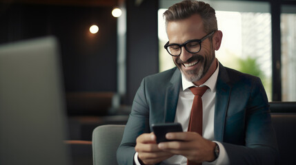 A middle-aged man in suit and glasses joyfully looks at his phone, sitting in stylish office, hinting at positive work-related news. The shot illustrates the joy of successful business communications