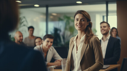 In a corporate meeting room, a young woman with a beaming smile shakes hands with a colleague, radiating positivity and teamwork. Collaboration and friendly interactions in business environments.