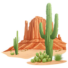 Cactus and a desert landscape isolated on white background, png
