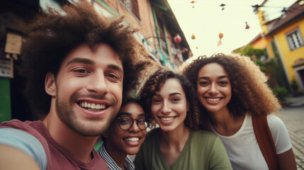 Fototapeta premium Selfie of group of happy people against a cityscape during golden hour, reflects the warmth and happiness of friendship. This shot captures the essence of shared experiences in an urban environment