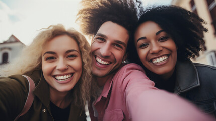 Three cheerful friends pose for a selfie, their radiant smiles showcasing the warmth and excitement of their close bond. The essence of youthful camaraderie and lively spirit of diverse friendships.