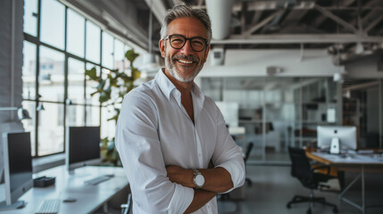 Mature professional man stands in the office, his confident pose and warm smile illustrating a friendly and approachable leader. Essence of modern leadership that combines expertise with relatability