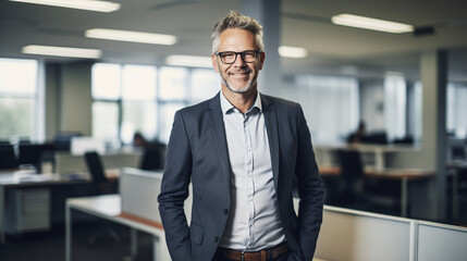 Fototapeta premium Confident professional mature businessman in a formal suit looks at the camera with a warm, engaging smile, standing in a modern office space that suggests a collaborative and dynamic work environment