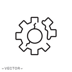 gear crack, broken gear, failed part icon, broken mechanism, thin line symbol isolated on white background, editable stroke eps 10 vector illustration