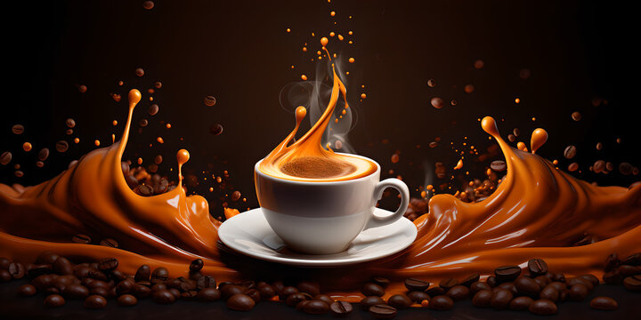 Cup of caramel latte with coffee beans. Caramel splashes. AI generated illustration