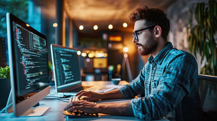 A middle-aged programmer with experience sits at a computer and does coding.