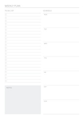 A weekly plan design template in a modern, simple, and minimalist style. Note, scheduler, diary, calendar, planner document template illustration.
