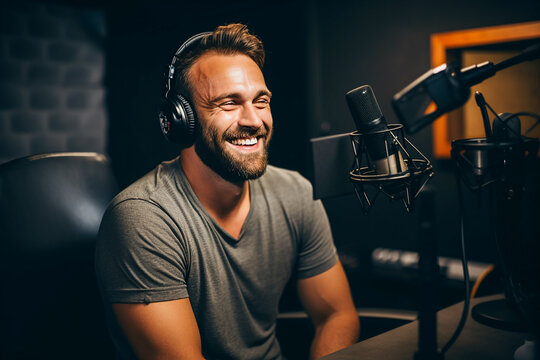 Smiling young man talking into microphone during podcast in studio - Powered by Adobe