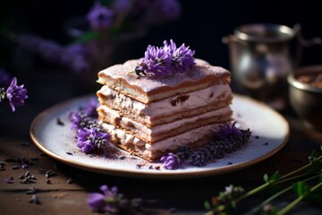 Variation of traditional italian dessert tiramisu, decorated with lavender flowers