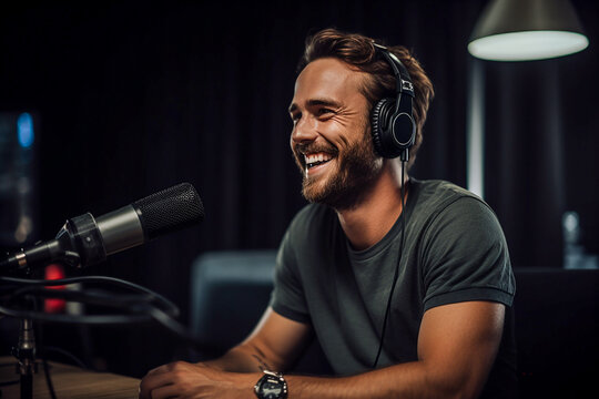 Smiling young man talking into microphone during podcast in studio