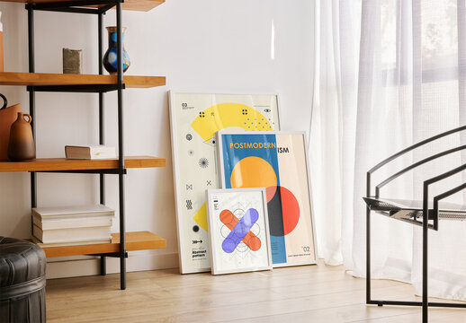 Mockup of three customizable picture frames against wall