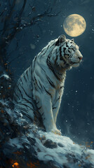 Tigre branco na floresta a noite com lua ao fundo - Papel de parede - obrazy, fototapety, plakaty