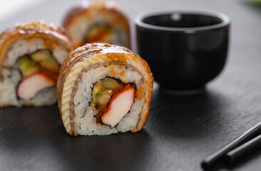 Sushi roll with rice, crab, cucumber. Sushi menu. Japanese food.