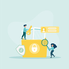 Database and personal data security, cyber data security, privacy, flat design concept illustration template. The guy is holding a key and the girl is holding a magnifying glass.
