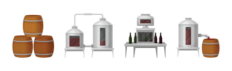Wine Production Process and Winery Factory Vector Set