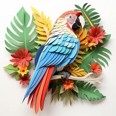 Artistry Vibrant Kirigami Colorful Parrot in a Flowers,leaf Kirigami style on Isolated White Background