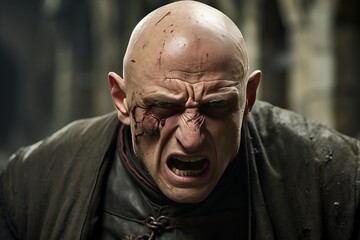 Fototapeta premium terrified monk in cassock with blood on his face looks furiously and angry