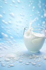 Glass of milk with splash on blue background, selective focus
