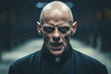 Terrified Monk in Cassock Expressing Fury and Anger with Intense Facial Expression