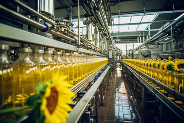 Sunflower oil production line, factory, food production technology, selective focus - obrazy, fototapety, plakaty