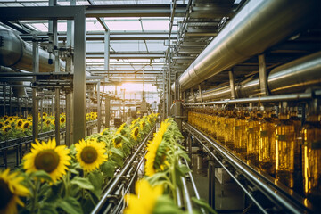 Refined vegetable oil production plant, sunflowers, selective focus - obrazy, fototapety, plakaty