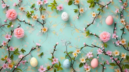 Charming illustration of a blooming cherry blossom tree, dressed up for Easter with an array of colorful eggs. Easter background.