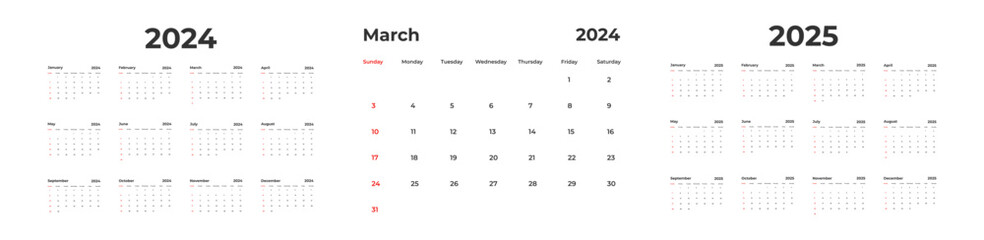 2024, 2025 year calendar. Desk planner template with 12 months. Week starts Sunday. Business schedule. Month date.