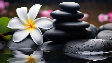 Black stones with a white flower