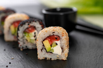 Sushi roll with rice. Sushi menu. Japanese food.