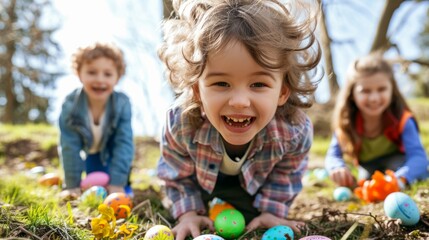 Little happy kids are hunting for Easter eggs. Easter traditions.