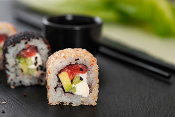 Sushi roll with rice. Sushi menu. Japanese food.
