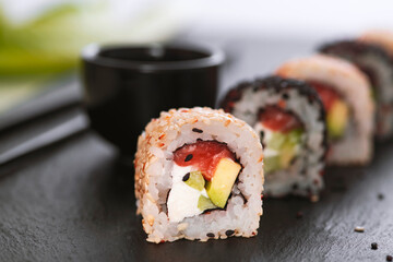 Sushi roll with rice. Sushi menu. Japanese food.