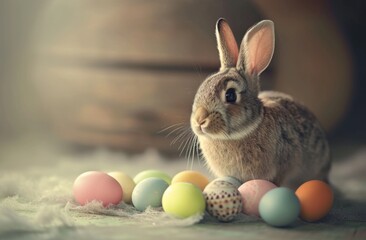 Fototapeta na wymiar Cute rabbit next to colorful eggs. Symbol of Easter.