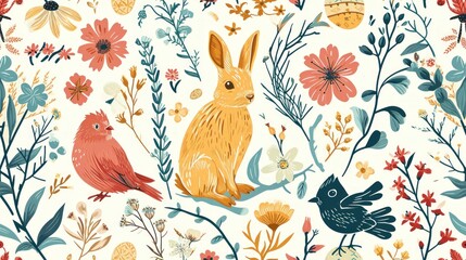 Colorful Easter eggs and bunnies background. Seamless pattern