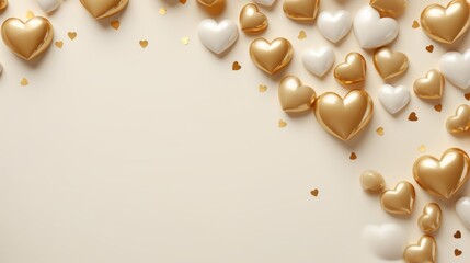 valentine's day background with gold and white hearts.