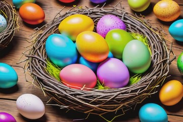 Fototapeta na wymiar Photograph of a Nest with Colorful Easter Eggs by ai generated