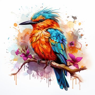 Bird colorful design. element decoration for posters and wall art,  banner design Isolated White Background music covers. modern art pink flowers
