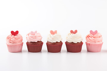 Sweet valentines day cupcakes on white background.
