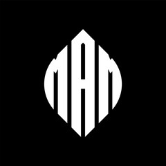 MAM circle letter logo design with circle and ellipse shape. MAM ellipse letters with typographic style. The three initials form a circle logo. MAM circle emblem abstract monogram letter mark vector.