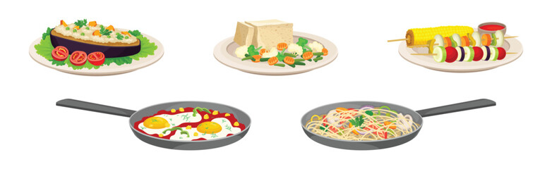 Different Food and Meal Served on Plate Vector Set