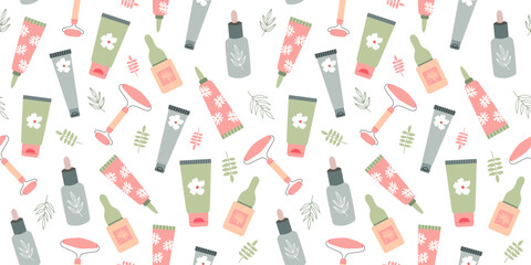 Beauty cosmetics seamless pattern. Serum, cleanser, moisturizer, toner, facial roller. Everyday skin care routine. Background, wrapping paper.